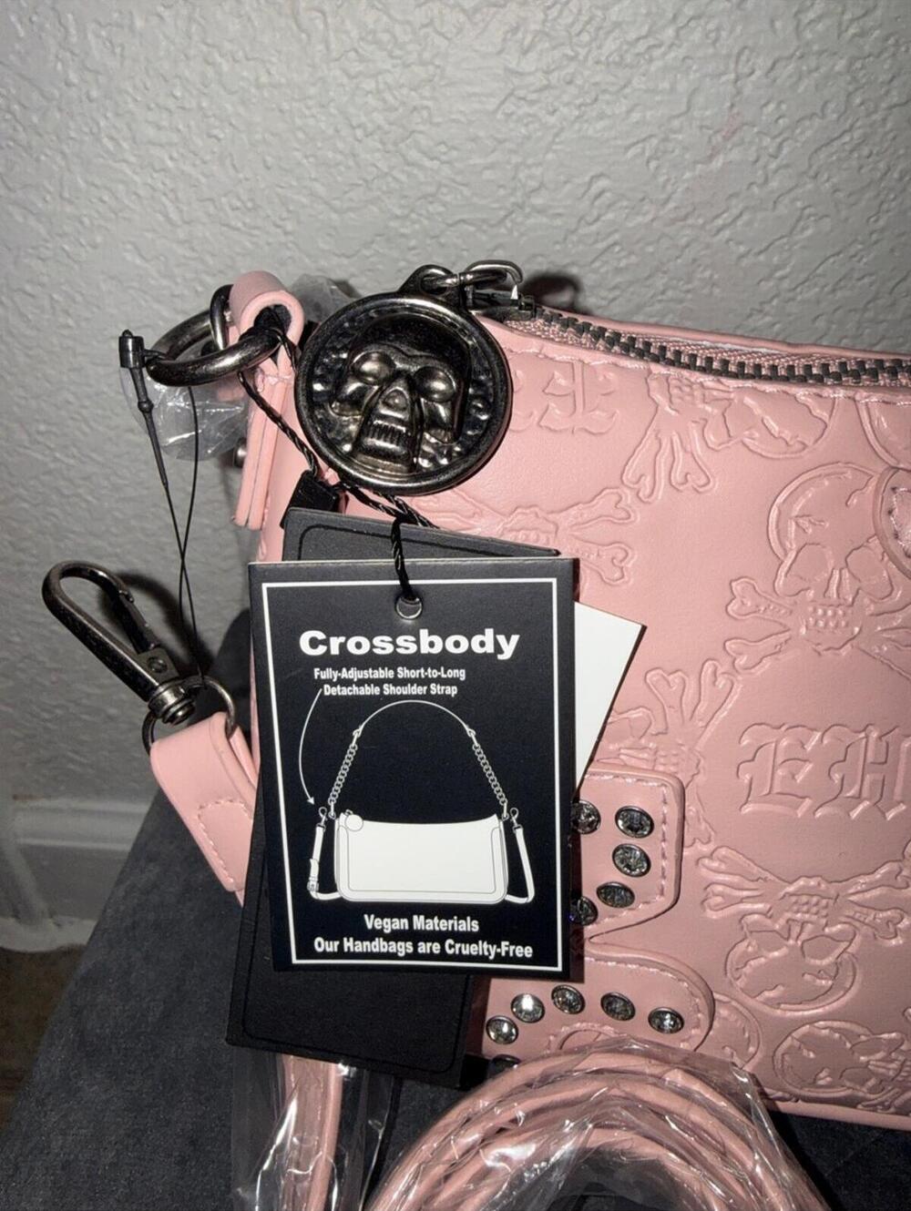 Ed Hardy Pink Embossed Studded Crossbody Bag NWT - Picture 3 of 7
